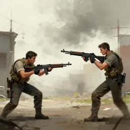 a portrait of neighbours fighting with a machine guns digital concept art
