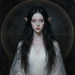 oil portrait from the shoulders up of grimes as an ethereal and elegant elf with pale skin and extremely long dark hair, ominous, symmetric, circular background, wearing a flowing white dress, rule of thirds, hyperdetailed, by hans holbein, wlop