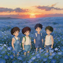 sunset, blue flower field, cute boys, in the style of studio ghibli, j. c. leyendecker, greg rutkowski, artgerm
