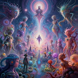 a psychedelic realm at the edge of existence where intensely creative astral beings exist, in the style of WLOP and tite kubo, illustration, epic, fantasy, hyper detailed, smooth, unreal engine, sharp focus, ray tracing