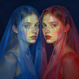 portrait of two beautiful models, intimate, shades of blue and red, beautiful face, rule of thirds, translucent mesh tarps, spotlight, by greg rutkowski, by jeremy mann, by francoise nielly, by van gogh, digital painting