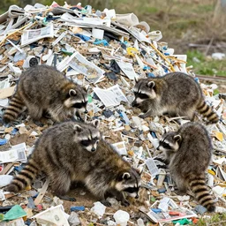 a family of raccoon digging through a gigantic mound of trash and newspapers and junk