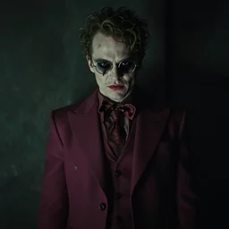 film still of Paul Dano as Riddler in a new Batman movie, 4k, dark muted colors, less vibrant, low saturation, dim lighting, heavy shadows