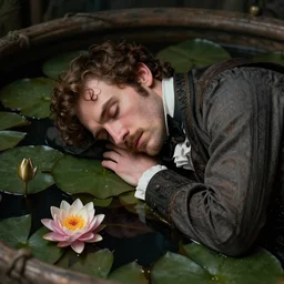 detailed cinematic moody colors studio portrait of a victorian gentleman sleeping in a victorian pond, water lilies, ofelia inspired high quality by jeremy mann, only one head single portrait