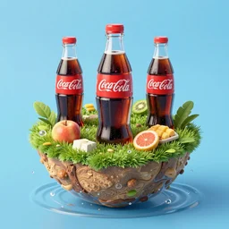 an island made of food, water from coca - cola around the island, red caviar instead of sand, hills with ice cream instead of mountains