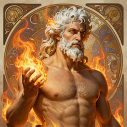 painted portrait of rugged zeus, god of thunder, greek god, white hair, masculine, mature, handsome, upper body, fire, virile, muscular, hairy torso, fantasy, intricate, elegant, highly detailed, digital painting, artstation, concept art, smooth, sharp focus, illustration, art by gaston bussiere and alphonse mucha