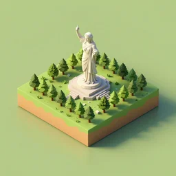 isometric square 3d Render of island with big statue on the center and trees, island is on the center of an image, no background, high poly, vray render 4k