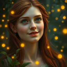 infp young woman, smiling amazed, golden fireflies lights, amidst of nature fully dressed, long red hair, intricate linework, accurate green eyes, small nose with freckles, oval shape face, realistic, expressive emotions, dramatic lights mystical scene, hyper realistic ultrafine art by artemisia gentileschi, caravaggio, jessica rossier, boris vallejo