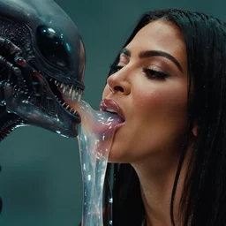 film still of kim kardashian ingesting alien slime from the mouth of an xenomorph, transparent goo, transparent liquid, saliva, 8 k