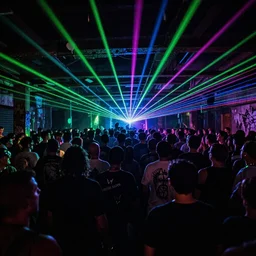 satanic 90's underground warehouse rave, laser light show, large crowd, detailed photograph