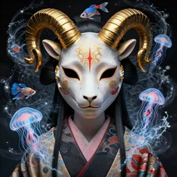 3 d goddess fractal close - up frontal portrait with ram golden skull. beautiful intricately detailed japanese fractal kitsune mask and clasical japanese kimono. betta fish, jellyfish fractal, bio luminescent, plasma, ice, water, wind, creature, mandelbulb, fractal, artwork by tooth wu and wlop and beeple and greg rutkowski