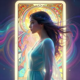 side portrait, maya ali, wind sorcerer!, gloomhaven, soft, smooth, luminescent, art nouveau tarot, backlit glow, colorful swirly ripples, gaudy colors, aesthetic octane render, unreal engine, 8 k, by mucha, ilya kuvshinov!, cushart krenz