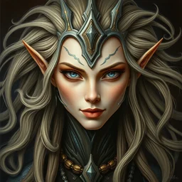 perfectly centered portrait front view of a beautiful biomechanical female elf high priestess, flowing hair, intense stare, sweet smile, symmetrical, concept art, intricate detail, volumetric shadows and lighting, realistic oil painting by tim hildebrandt,
