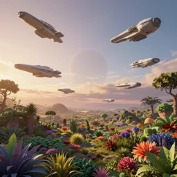 many spaceships flying in the sky, sunrise in alien planet, full of vegetation, colourful plants, trees, beautiful matte painting, dreamy, high detail, artstation