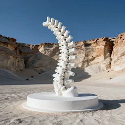 wide landscape photo of a white desert pedestal!!!! rock formation in the distinct!!! shape of a spine!!!!! vertebrae!!!!!!!!