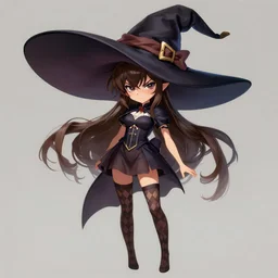 smug young witch, brunette, checked stockings, short dress, huge hat, full bodyshot, anime, fantasy, portrait, highly detailed, headshot, digital painting, trending on artstation, concept art by miaormoa
