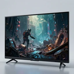 tv screen showing a destroyed world, cyberpunk, apocalyptic setting, fallout 5, steampunk, deep colors, studio lighting, cyberpunk