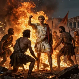 Painting of Emperor Nero watching the great fire of rome, abstract, realism, 8k, detailed, terror, octane render, 3d render, complex emotion, glow