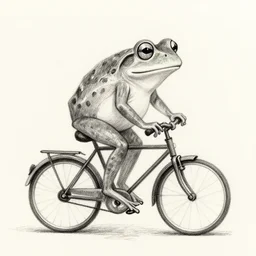 a pencil sketch of a frog riding a bicycle