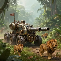 armored machines steampunk, with cannons, in a jungle valley, foggy, lions walking, octane render, volumetric, unreal engine, depth of field