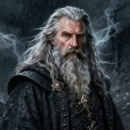 portrait karl urban as old male warlock, storm, rain, ghost, long hair, beard, moustache, d&d, intricate, elegant, highly detailed, digital painting, artstation, concept art, smooth, sharp focus, illustration, daren bader, aleksi briclot, rutkowski, bouguereau