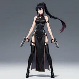 fullbody shinsekai yori anime woman wearing sexy long black futuristic cyber qipao pigeon - toed. dual wielding pistols, long ponytail and sidelocks