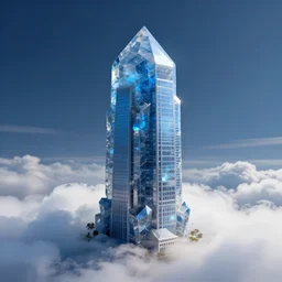 blue crystal quartz skyscraper resting on clouds, highly detailed, trending on artstation, symbolism, surrealism, art