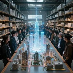 large group people in a glass warehouse, looking at hologram of a city on a table | cinematic concept art | godrays | 4 k | clear details | tabletop model buildings | tabletop model | hologram center