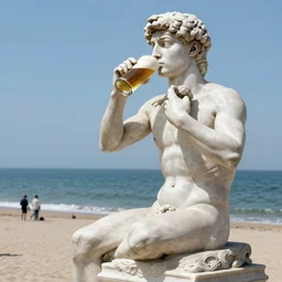 the statue david from michelangelo drinking a beer, sitting on the beach with a sunset party in the background