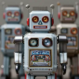 closeup portrait of a retro tin toy robot, depth of field, zeiss lens, detailed, symmetrical, centered, fashion photoshoot, by nicoletta ceccoli, mark ryden, lostfish, earl nore, hyung tae, frank frazetta, breathtaking, 8 k resolution, extremely detailed, beautiful, establishing shot, artistic, hyperrealistic, octane render