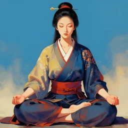 samurai woman in meditation, hyper realistic, illustration, digital paint, vivid colors