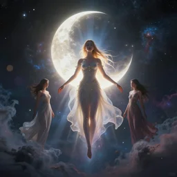 symmetry!!, moon goddess floating through a nebula cloud in space, by casey weldon and chie yoshii and afarin sajedi, global illumination, radiant light, god rays, bokeh, digital illustration, cg society, unreal engine 5, ray tracing