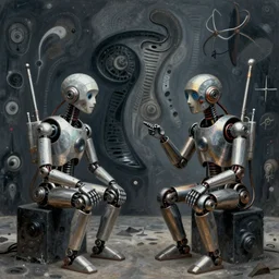 Two mechanical beings in a deep conversation. Dali. Yves Tanguy,