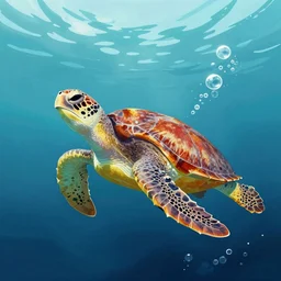 sea turtle beneath the ocean waves, water color digital art, bubbles