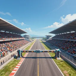 wide angle shot birds eye view of a futuristic racetrack finish line with confetti on a sunny day with a clear blue sky, cyberpunk, profile shot, digital painting, good value control, vibrant colors, crowded stands, three point perspective, rule of thirds, golden ratio, horizon line focus, sharp focus, vanishing point