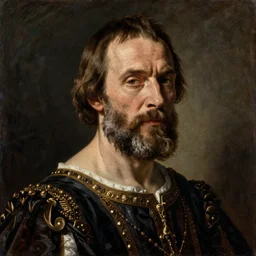 flattering regal painting of willem dafoe with short beard, renaissance oil painting, studious chiaroscuro