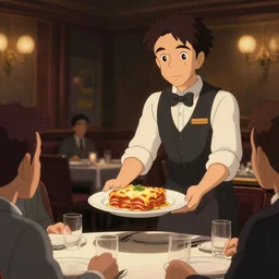 animation key shot, single fashionable waitress delivering plate of delicious lasagna to the table of businessmen, high end restaurant, close up shot, studio Ghibli, Pixar and Disney animation, sharp, Rendered Unreal Engine 5, film key art, Greg Rutkowski, Bloom, dramatic lighting