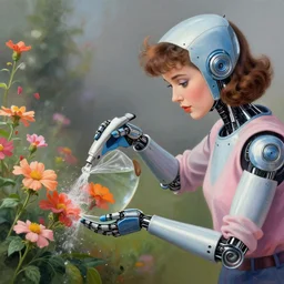 a woman cyborg watering flowers, airbrush painting, 8 k, detailed, 1 9 8 0 s,