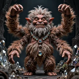 hyper realistic photography of indonesian demon hairy fluffy muppet show horror nightmare elf goblin monster with long arms, human anatomy, real teeth, glass beads clay amulets, full body, cinematic symmetric dark _ crystal, brian froud, alan lee, jean baptiste monge, scott radke