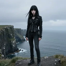 1 7 - year - old pale - skinned persian girl with black long bob cut, long bangs, black gothic jacket, black jeans, psychic girl, standing on cliff along the irish coast, overcast gray skies, ultra - realistic, sharp details, cold lighting, blue and gray colors, intricate details, art by william - adolphe bouguereau
