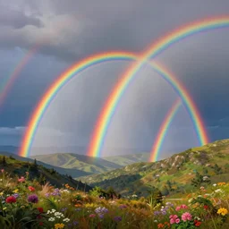 enormously detailed hd photo of three parallel rainbows at horizon, landscape with mountains and flowers, concept art, high quality painting, 8K detail post-processing