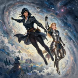 concept art painting of a kate beckisale as dnd thief and scarlett johansson as dnd paladin falling eternally in the universe, realistic, detailed, cel shaded, in the style of makoto shinkai and greg rutkowski and james gurney