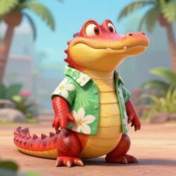 3 d render, anthropomorphic alligator, red scales on his back, yellow scale on his belly and chest, male, waring a hawaiian shirt, in the style of zootopia, hd, 4 k, high definition background