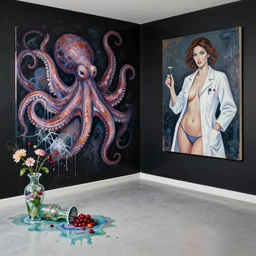 empty room with black walls, sensual portrait of a female pathologist, octopus mural, spilled vase of flowers and water, squashed berries, neo - expressionism, surrealism, acrylic and spray paint and oilstick on canvas