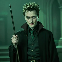 'Steve Buscemi as Lord Voldemort, Harry Potter movie style, cold and dark green vibes'