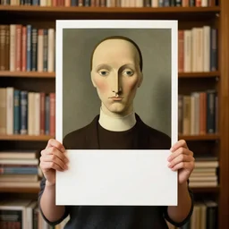 a girl holding a sign in front of a bookshelf, a character portrait by rene magritte, trending on deviantart, context art, official art, academic art, art