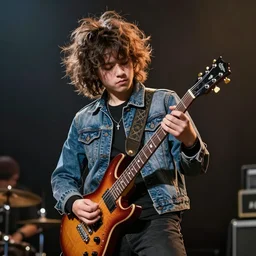 1 9 - year - old boy with shaggy, unkempt, permed hair, double denim, headbanging, playing electric guitar, heavy rock concert, 2 0 2 1 live in concert, streaming 4 k quality