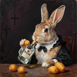 a painting of a rabbit drinking tequila and eating croquette in gothic style