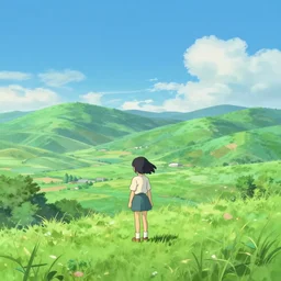 an Anime Background Photo of a Valley with green plains and blue sky, with a cute anime girl standing, digital art, studio ghibli