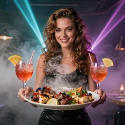 kelly lebrock holding platter of steaming gourmet food and bubbling cocktails, in the style of 8 0 s movie poster artwork, fog, lasers